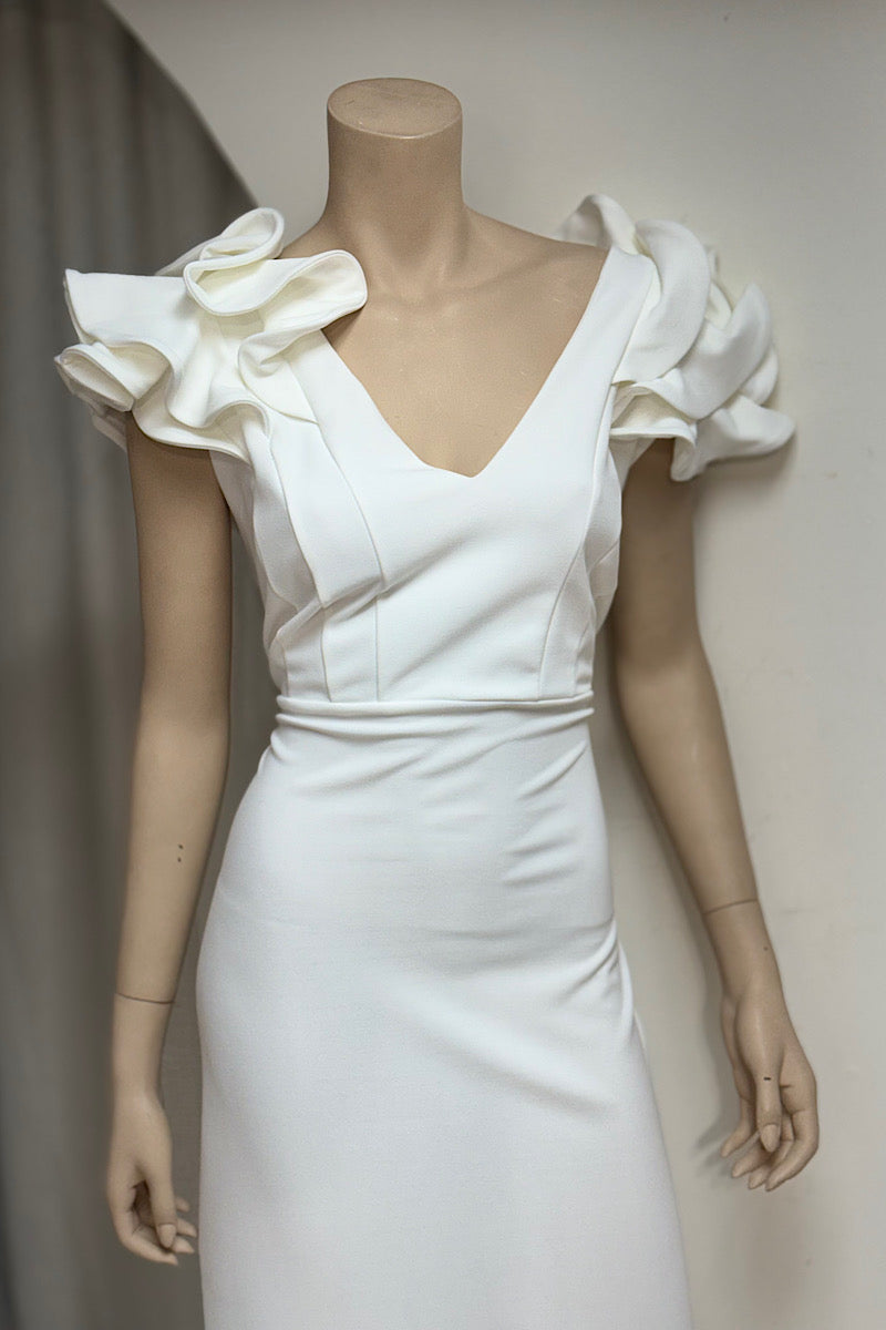 Ruffle Shoulder V-Neck Midi Dress