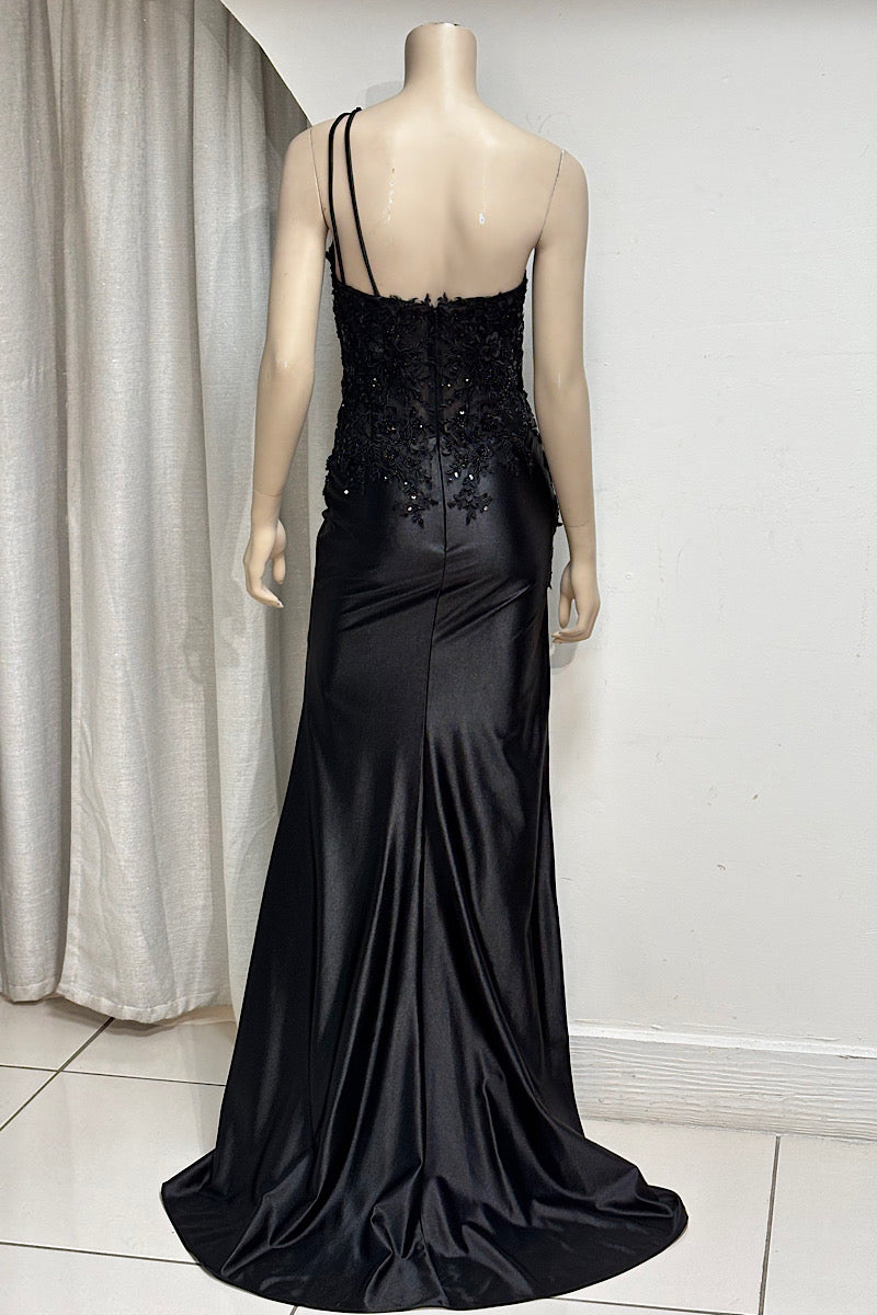One-Shoulder Floral Applique Satin Formal