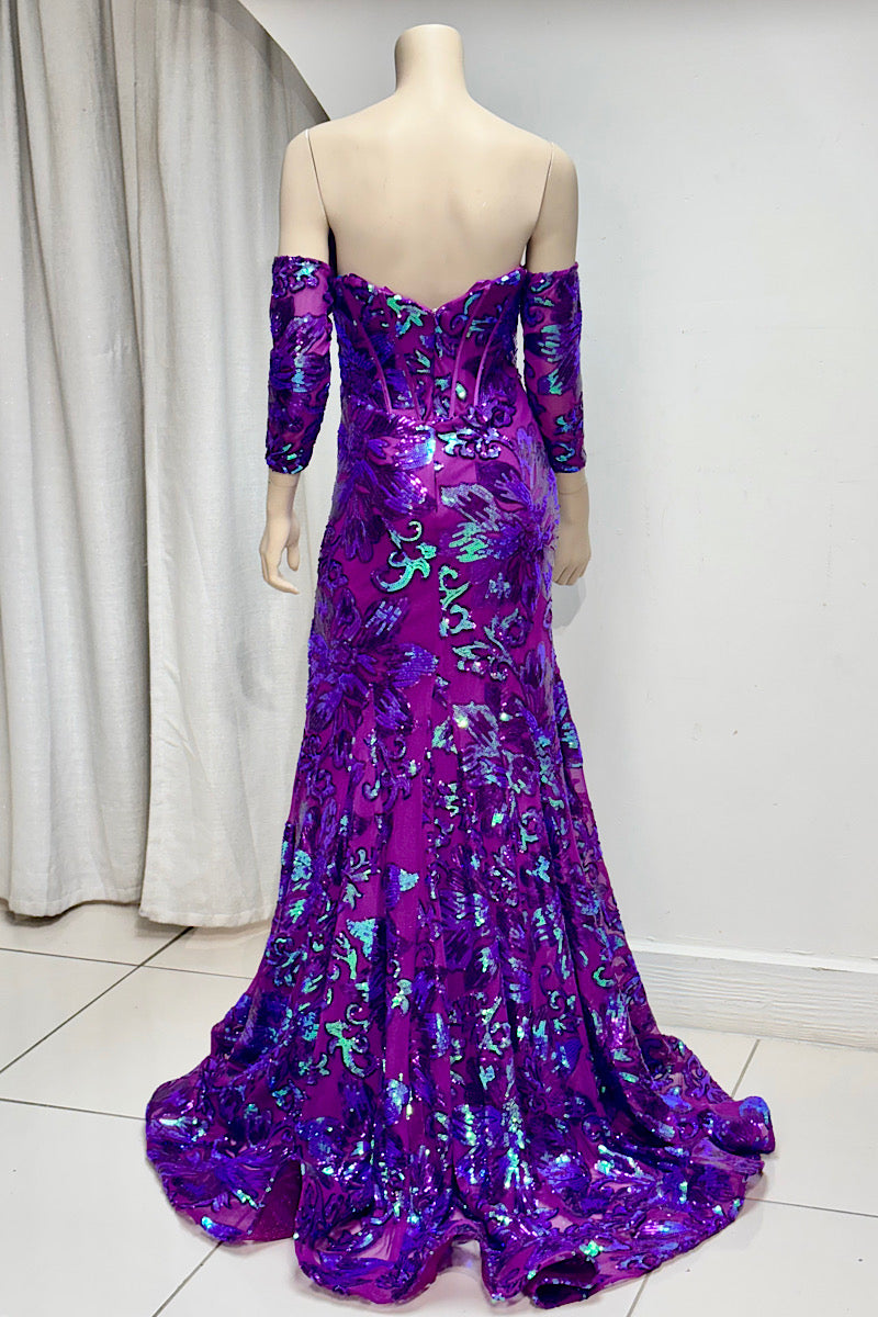 Sequin Detachable Sleeve Long Trail Formal