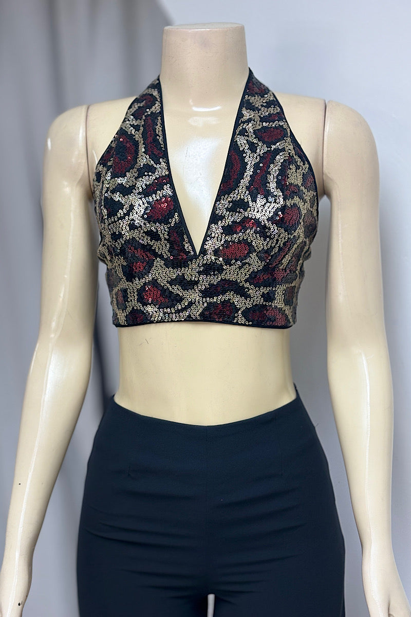 Sequin Leopard Halter Top Pant Set