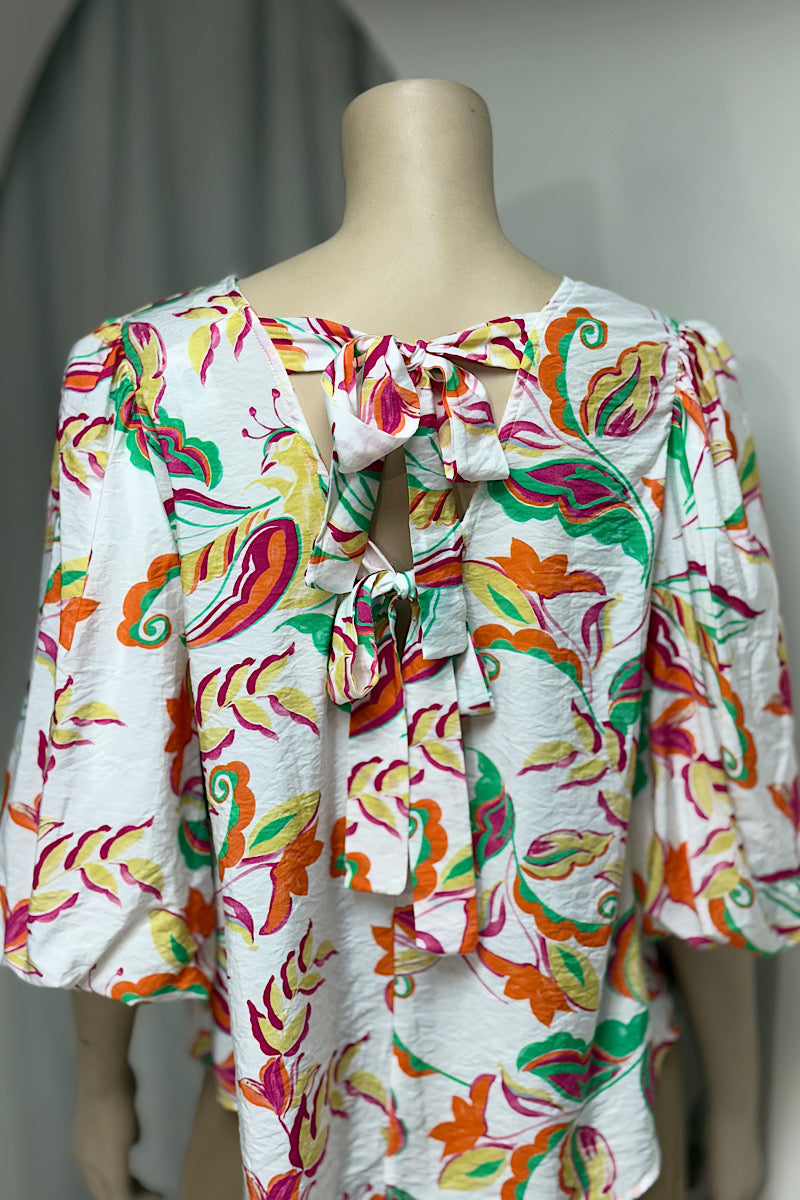 Round Neck Tie-Detail Printed Flowy Top