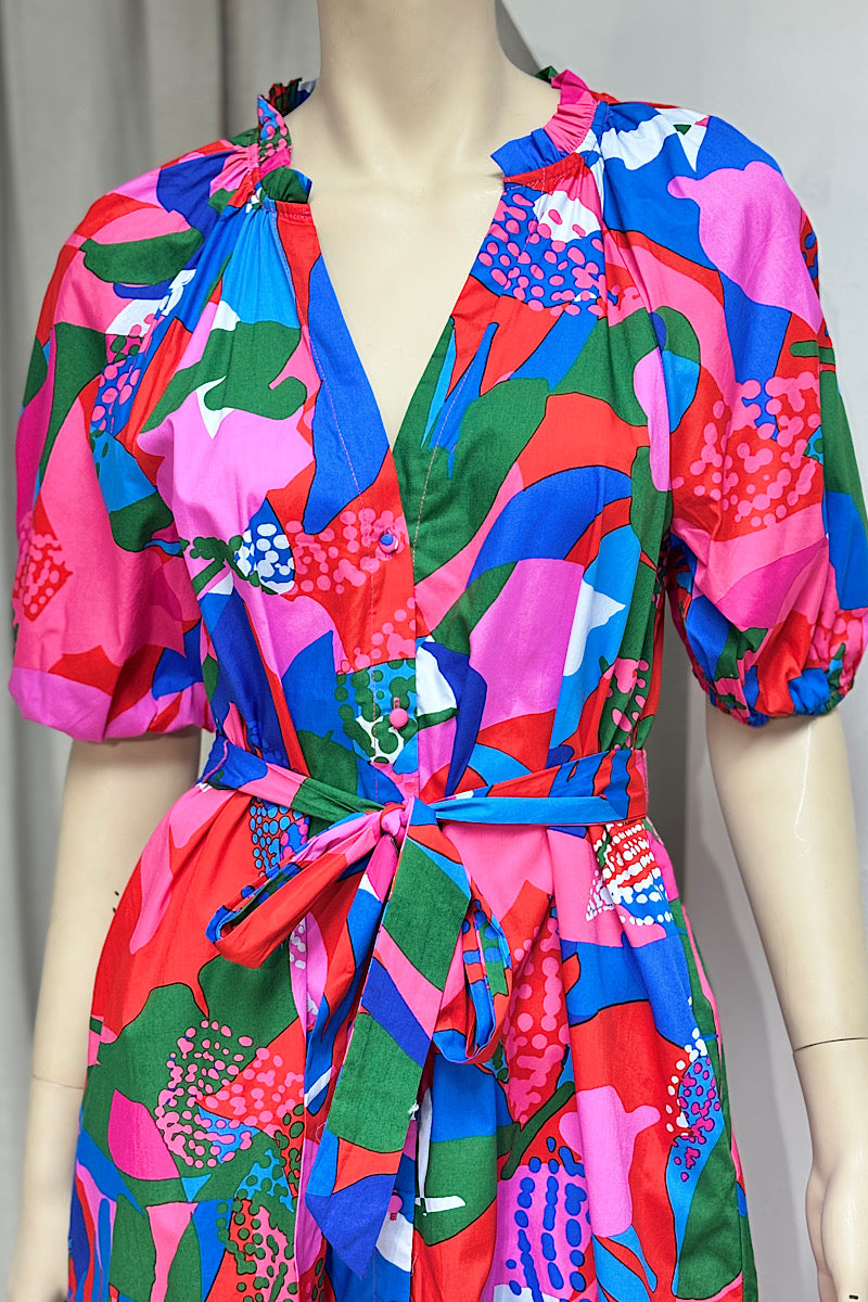 Multicolor Abstract Pattern Midi Dress