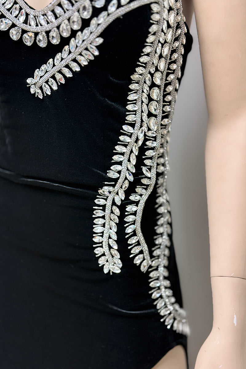 Velvet High Split Rhinestone Tube Formal