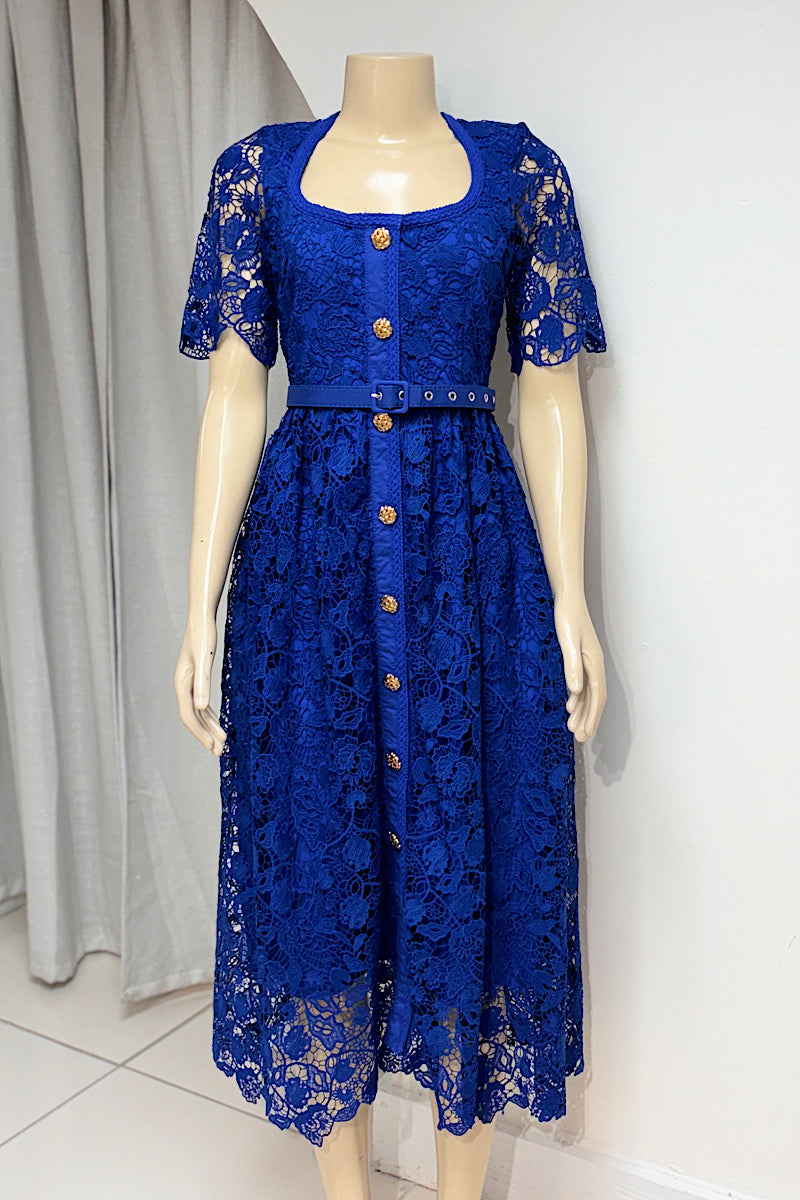 Tea-Length Lace Gold Button Dress