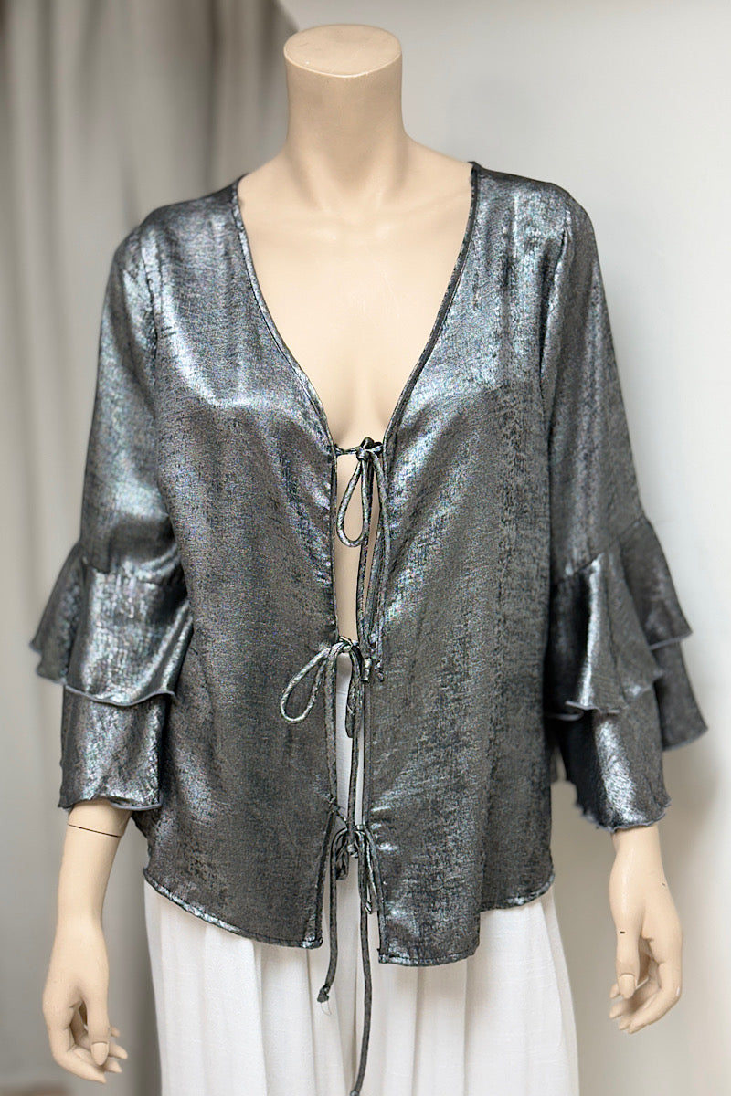 Curvy Ruffle Sleeve Tie-Front Blouse