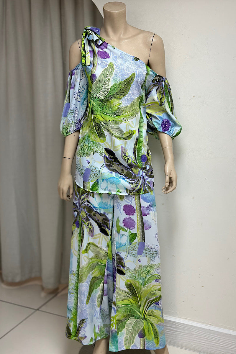 One-Shoulder Tropical Flowy Set