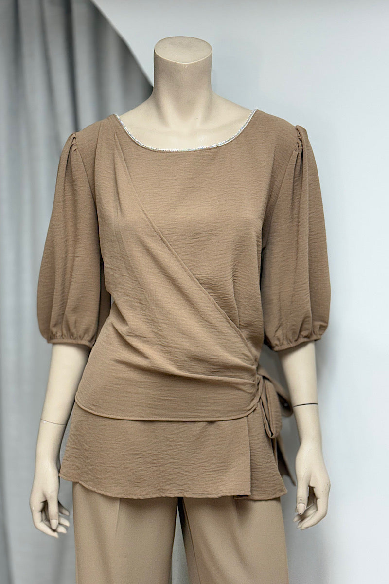 Rhinestone Neckline Side Tie Flowy Top