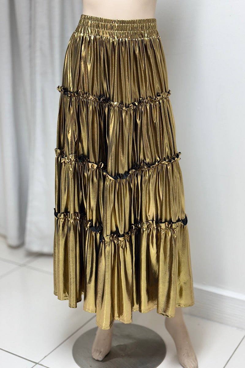 Long Metallic High Waisted A-Line Skirt