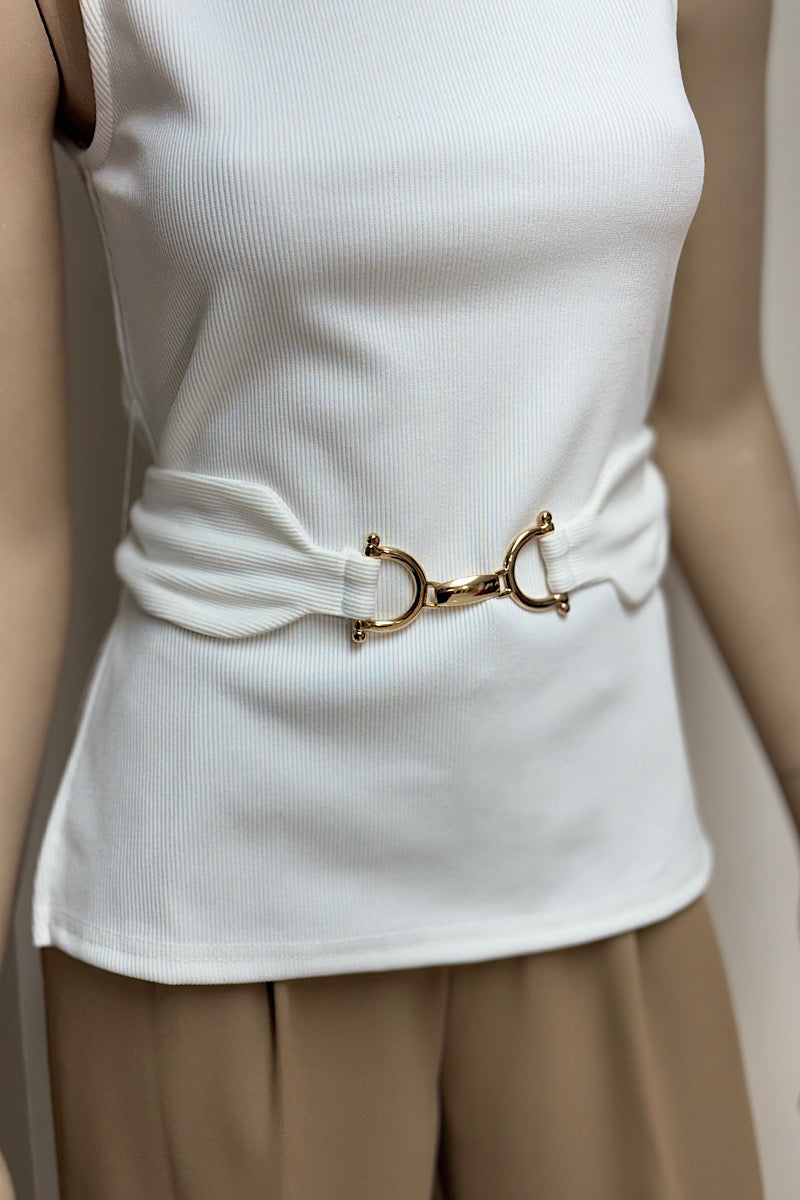 Sleeveless Belted Turtleneck Top