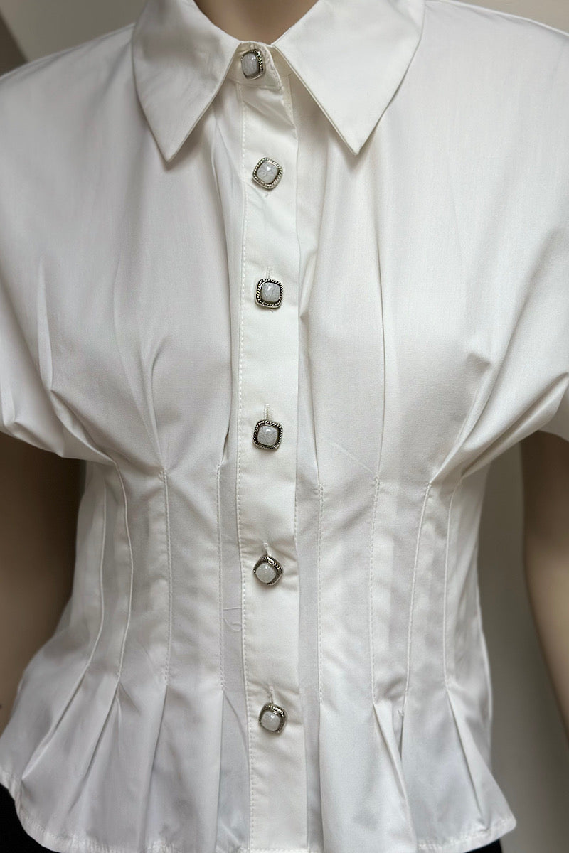 Tailored Marble Button Pleated Top