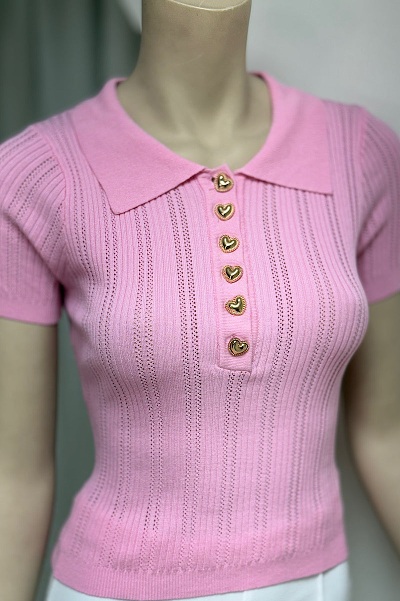 Woven Collared Heart Button Top