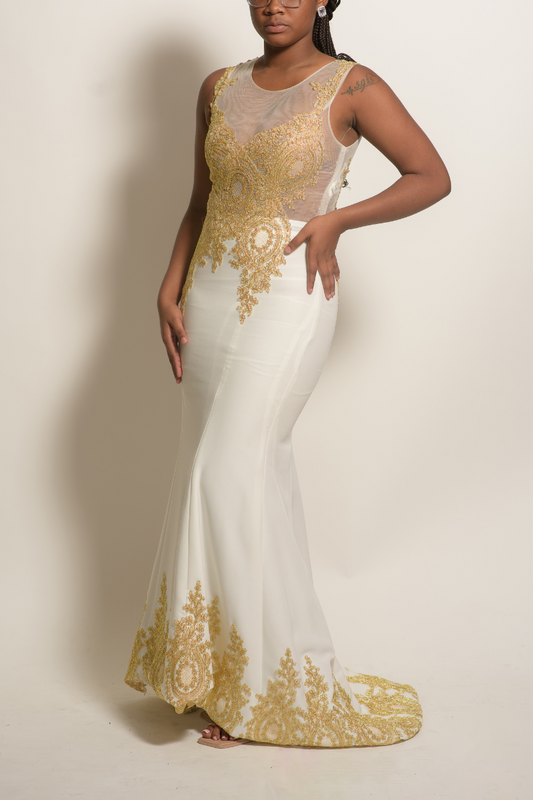 White and Gold Applique Formal