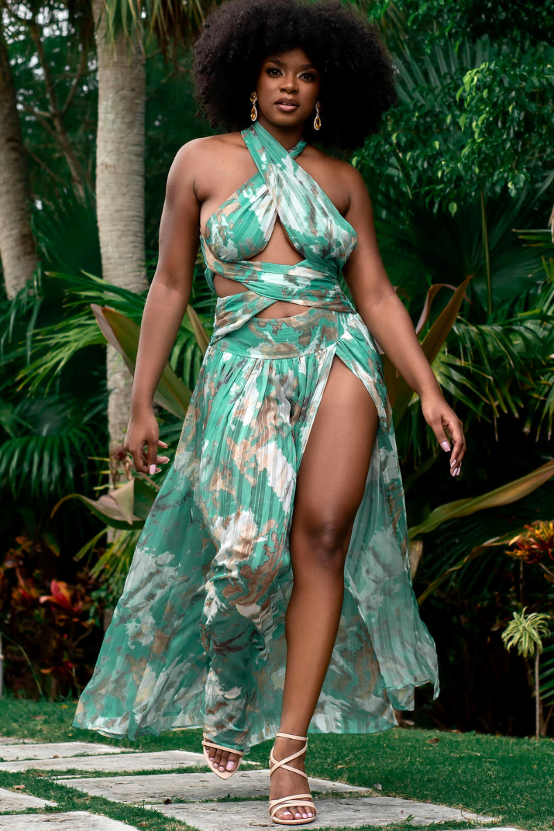 Printed Low Back Cutout Maxi Dress – Flaunt It