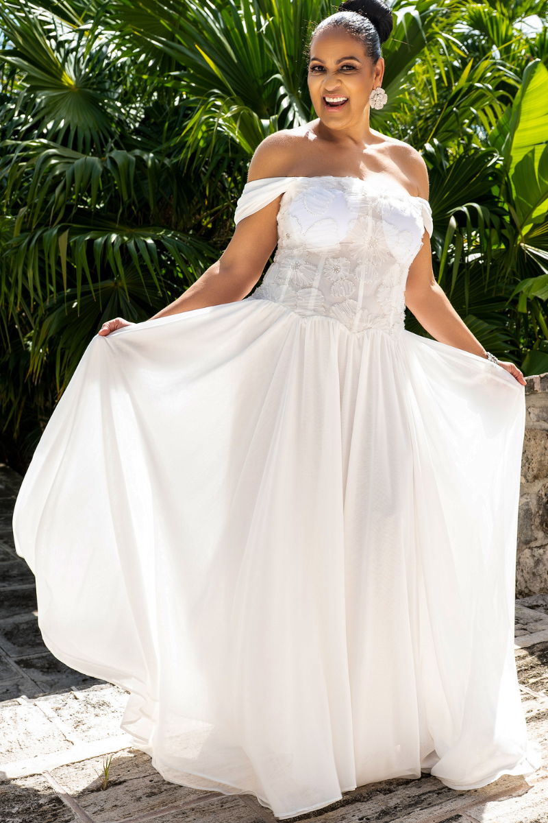 Beaded Flower Design Off-Shoulder Flowy Formal
