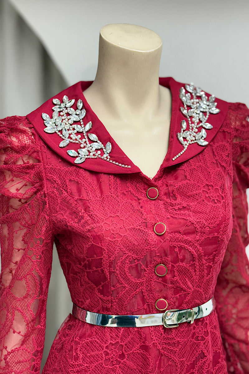 Embellished Collar Lace Belted Dress
