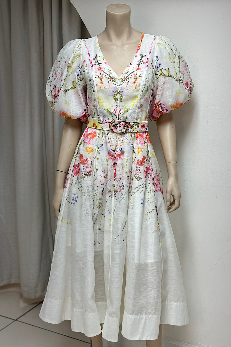 V-Neck Belted Floral Midi Dress