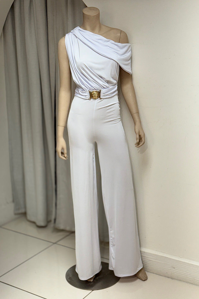 One Shoulder Lion Buckle Belted Jumpsuit