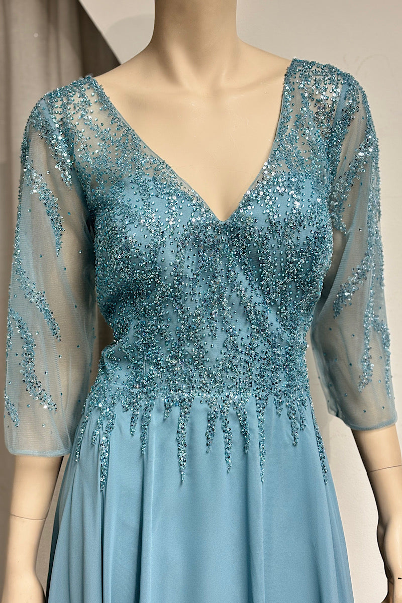 Beaded Top V-Neck Flowy Formal