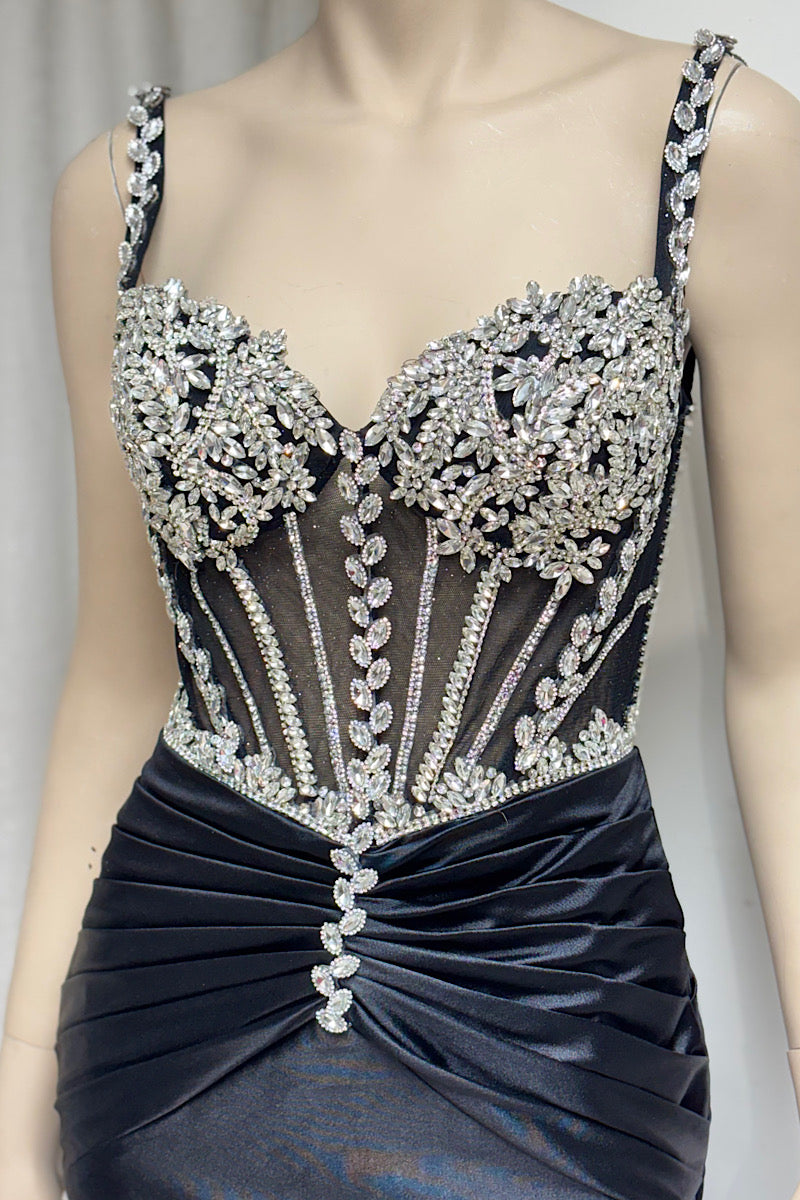 Sheer Rhinestone Bodice Fitted Satin Formal