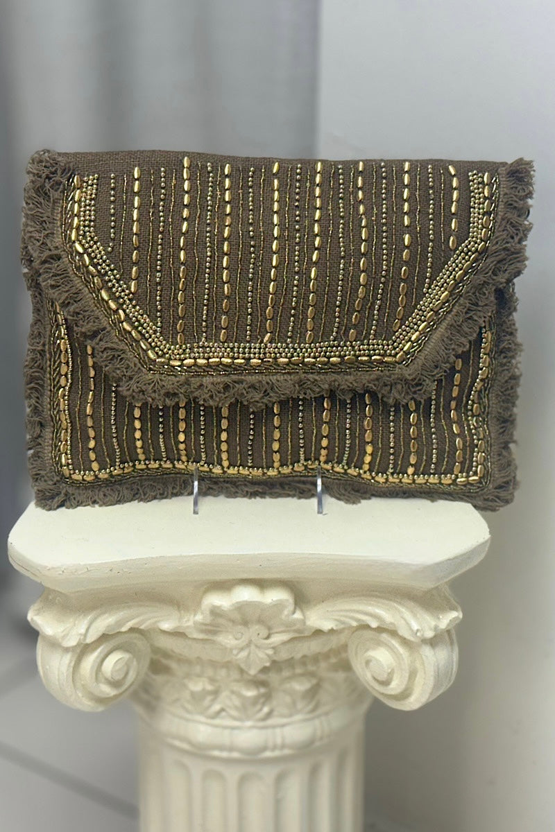 Beaded Frill Fold-Over Fabric Clutch