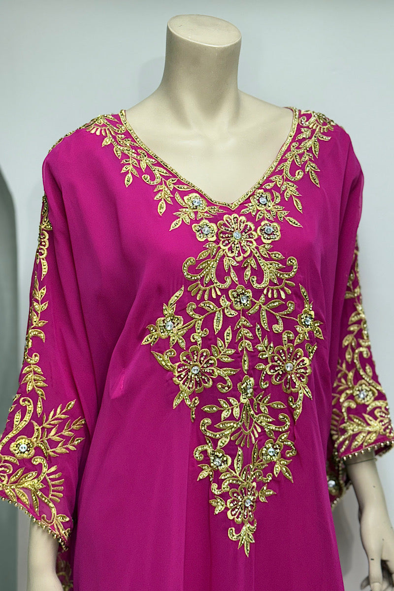 Embroidered Rhinestone V-Neck Kaftan Dress