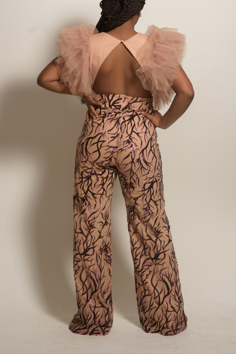 V-Neck Sequin Vein Formal Jumpsuit