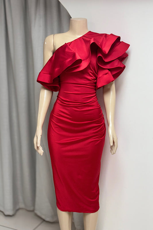 Red One Shoulder Satin Ruffle Dress