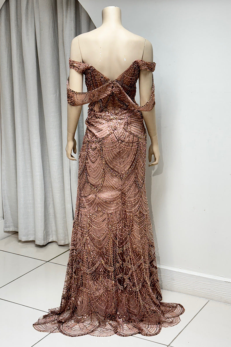 Beaded V-Neck Off-Shoulder Formal