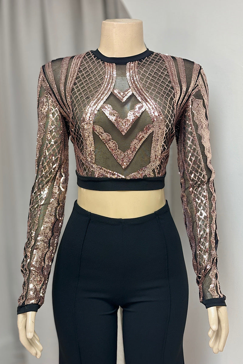 Long Sleeve Sequin Crop Top