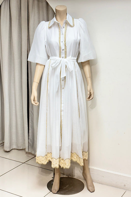 Gold Applique Accented Collared Maxi Dress
