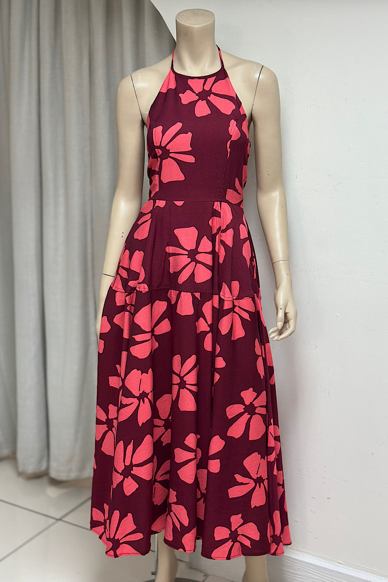 Floral Halter Flowy Midi Dress