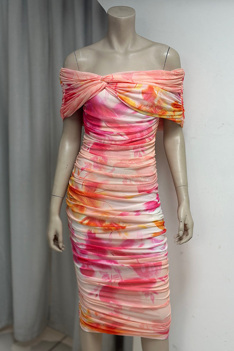 Off-Shoulder Ruched Printed Midi Dress