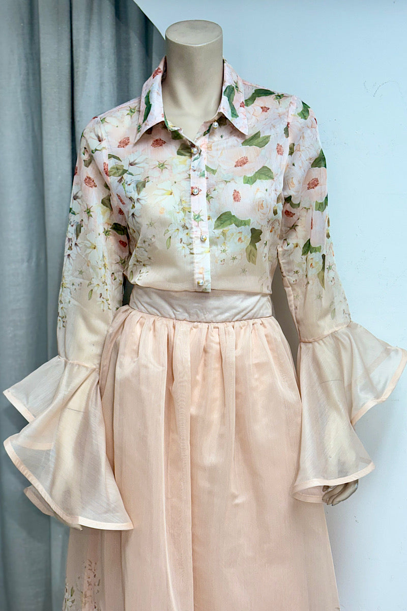 Floral Flute Sleeve Skirt Set