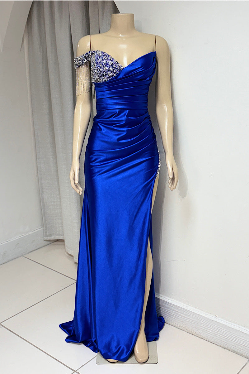 Beaded Off The Shoulder Satin Formal