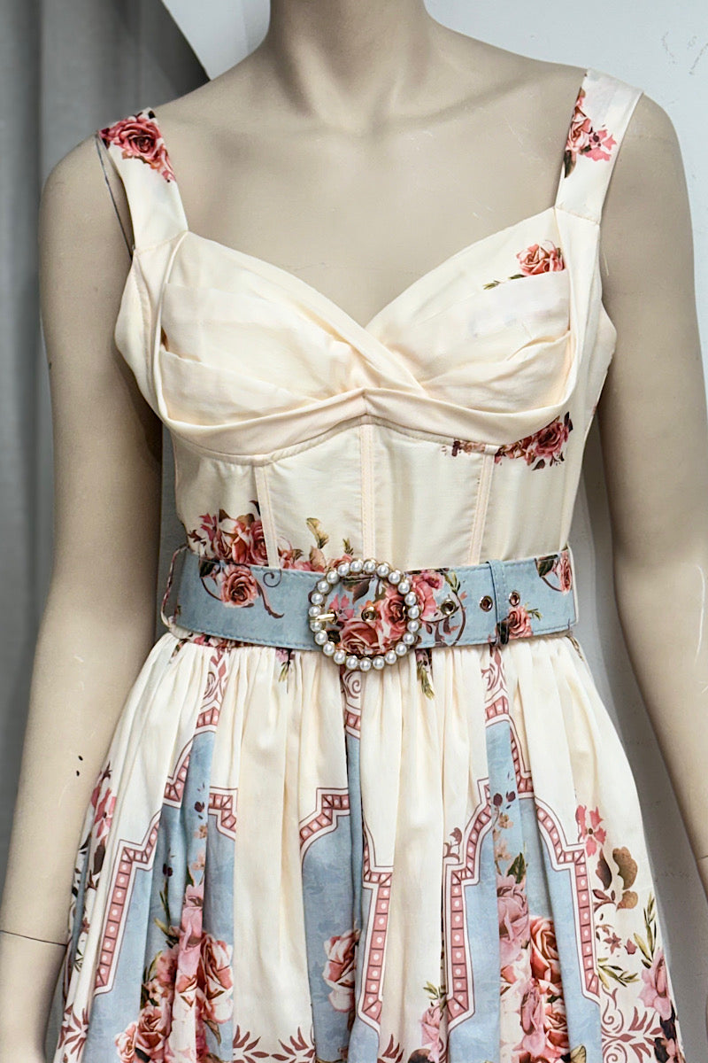 Corset Floral Belted Midi Dress