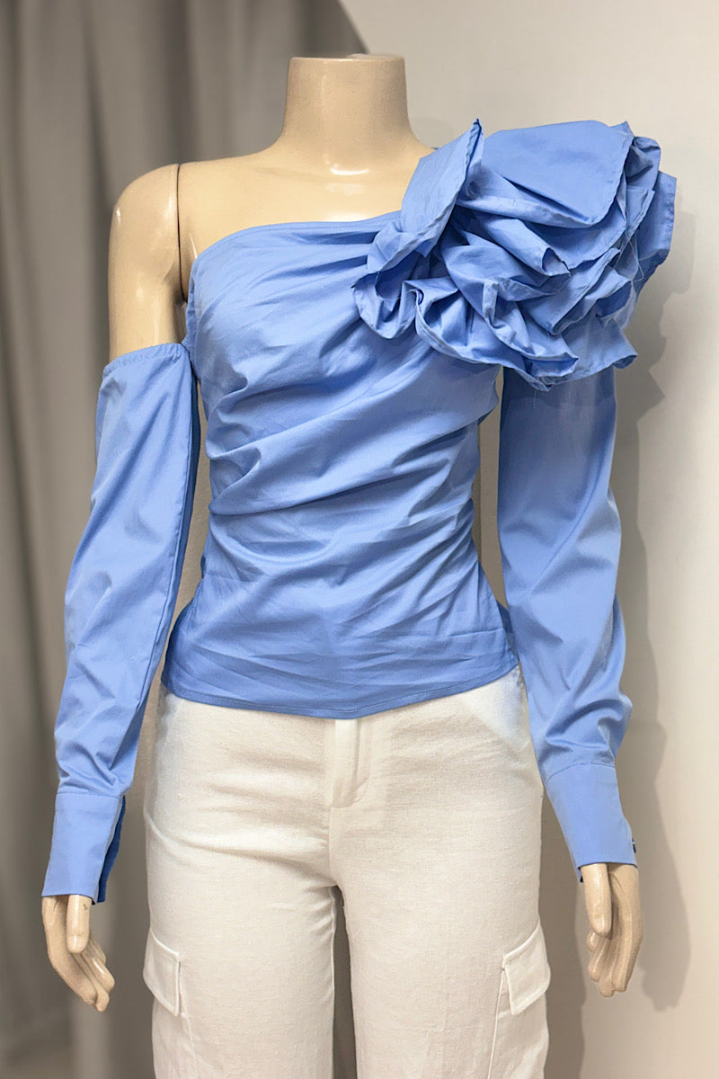 Baby Blue One Shoulder Rose Top