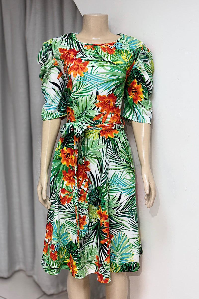 Tropical Print A-Line Dress