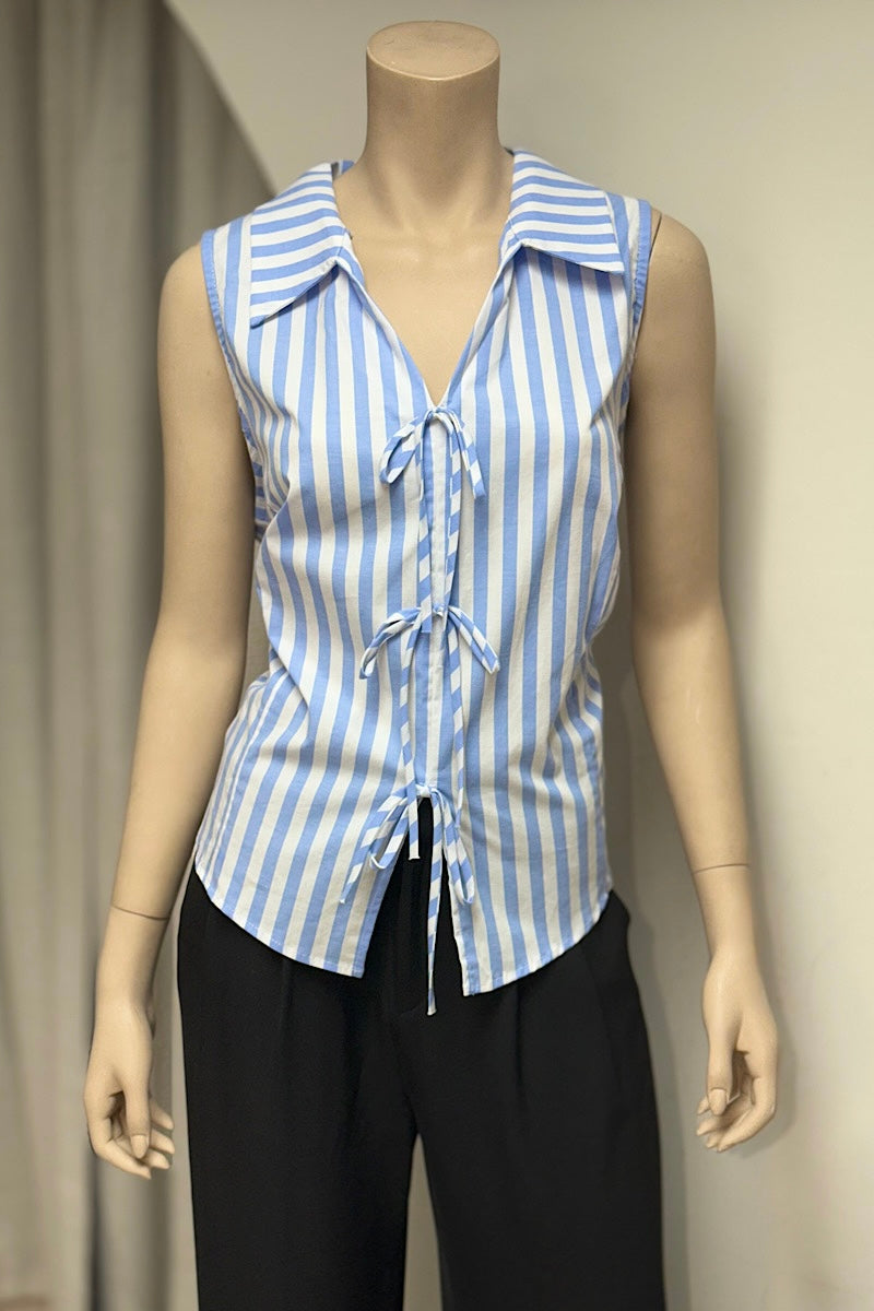 Striped Bow Detail Collared Top