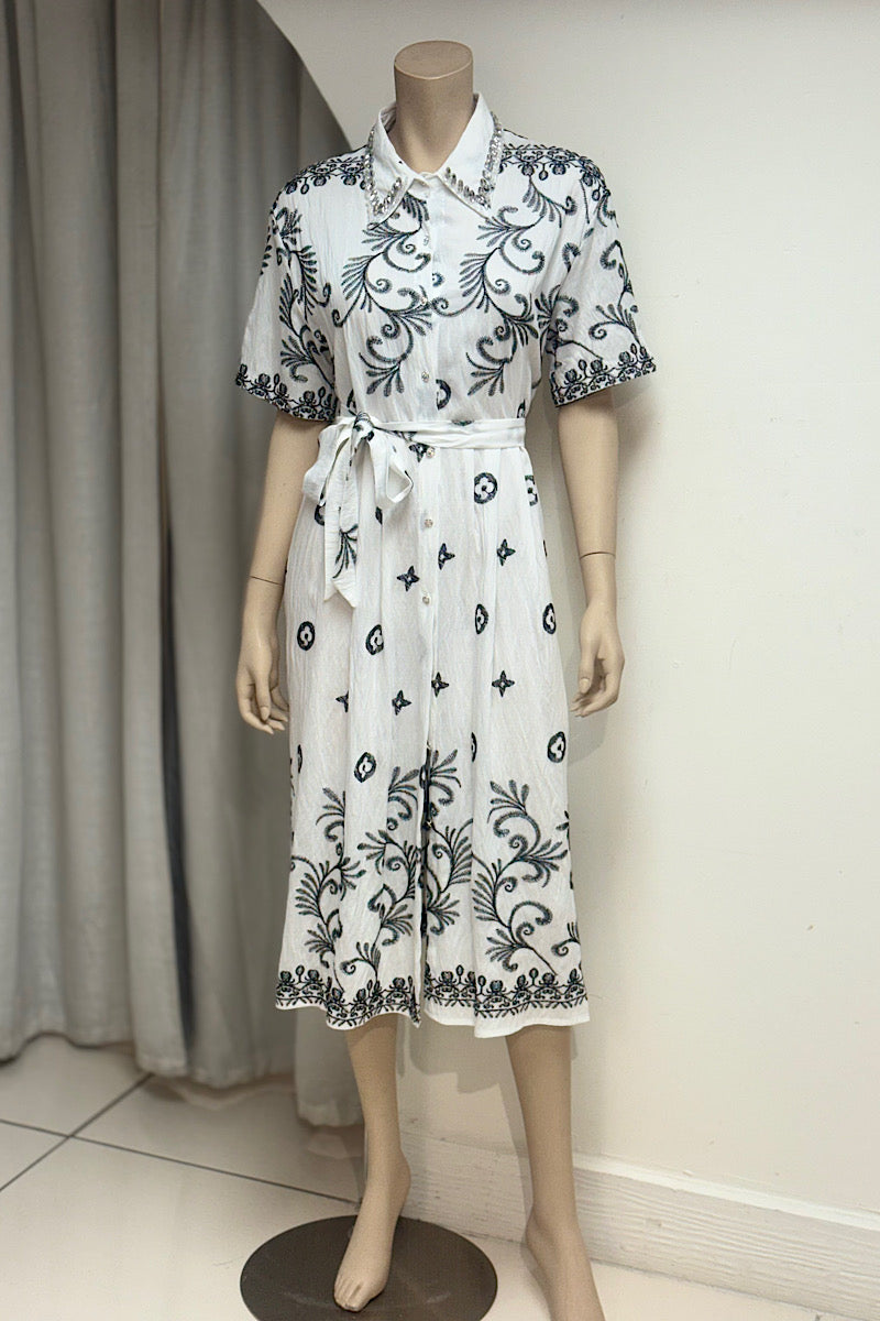 Embellished Collar Short Sleeve Embroidered Dress