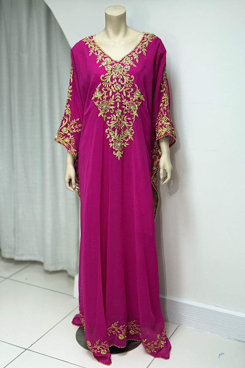 Embroidered Rhinestone V-Neck Kaftan Dress