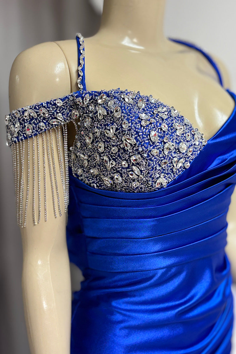 Beaded Off The Shoulder Satin Formal