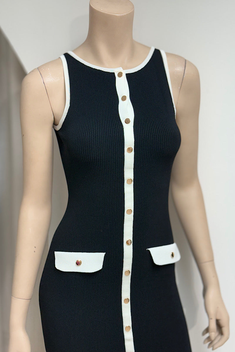 Gold Button Pocket Detail Sweater Dress