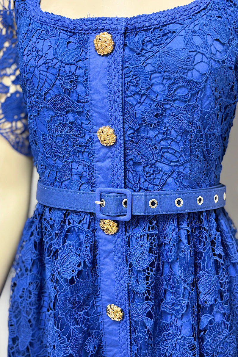 Tea-Length Lace Gold Button Dress