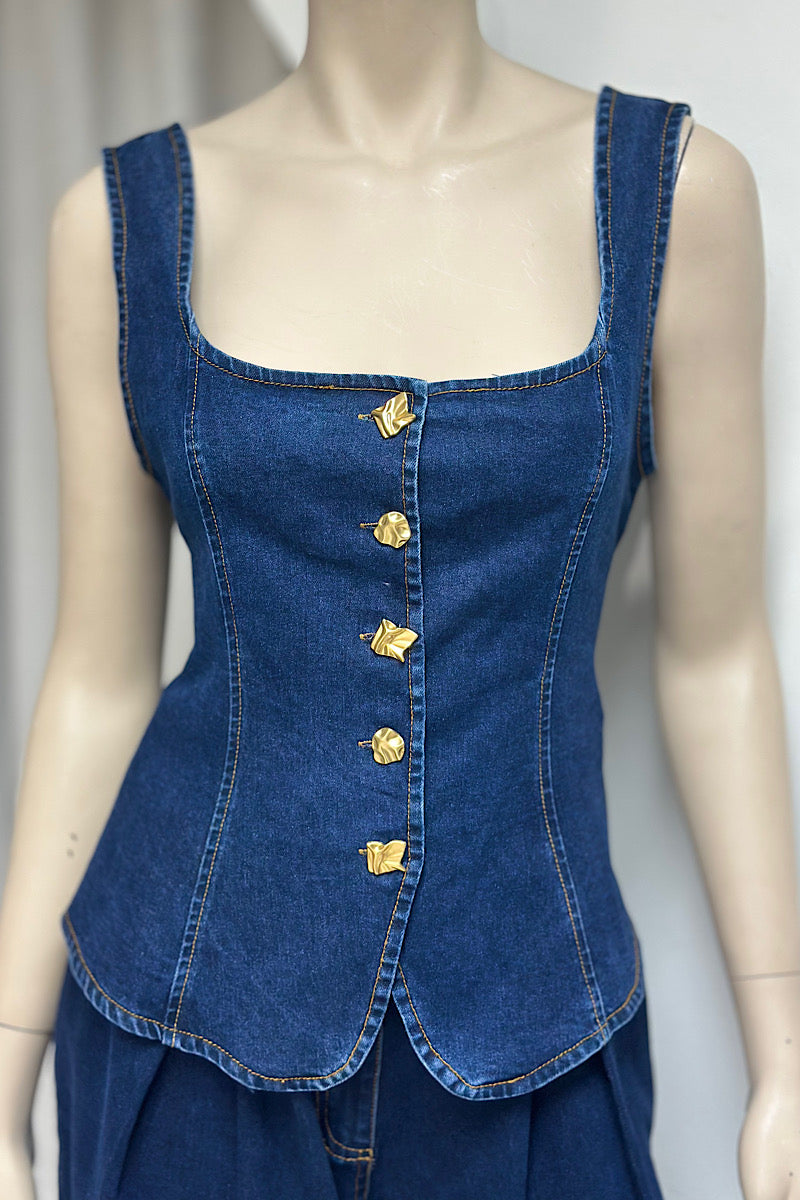 Gold Button Denim Vest Set