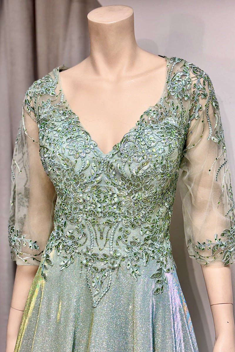 Shimmer V-Neck Embroidered Flare Formal