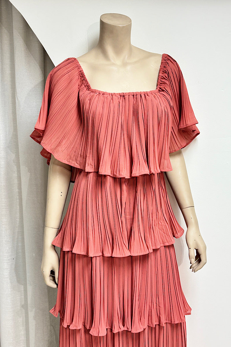 Pleated Tiered Flowy Midi Dress