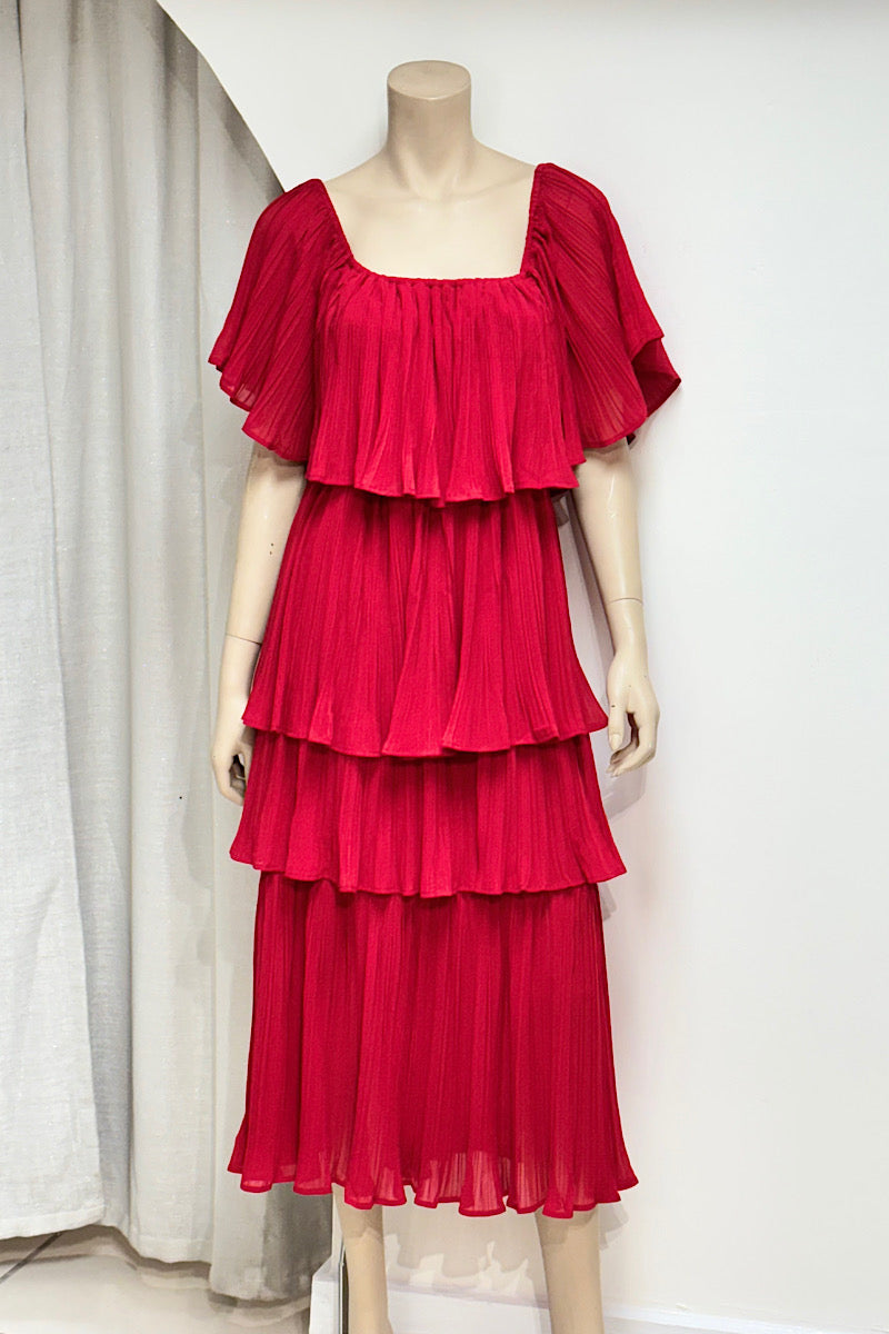 Pleated Tiered Flowy Midi Dress