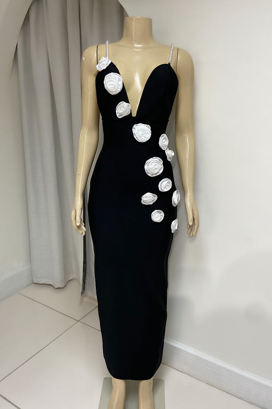 Pearl Detail Black Bandage Maxi Dress