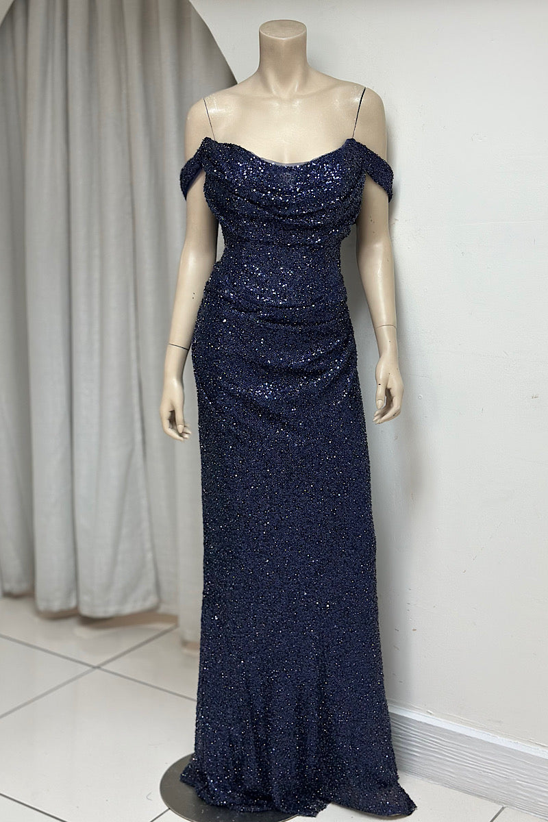 Beaded Sequin Ruched Off-Shoulder Formal