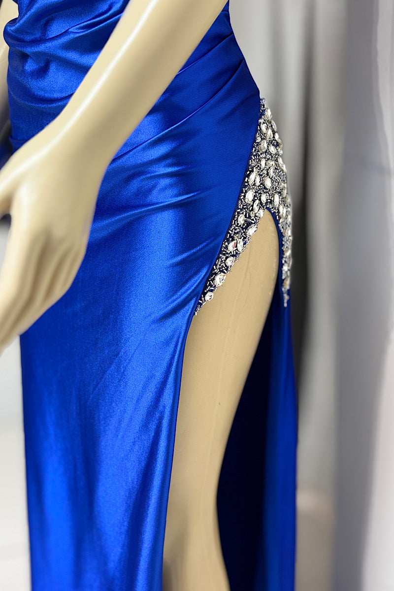 Beaded Off The Shoulder Satin Formal